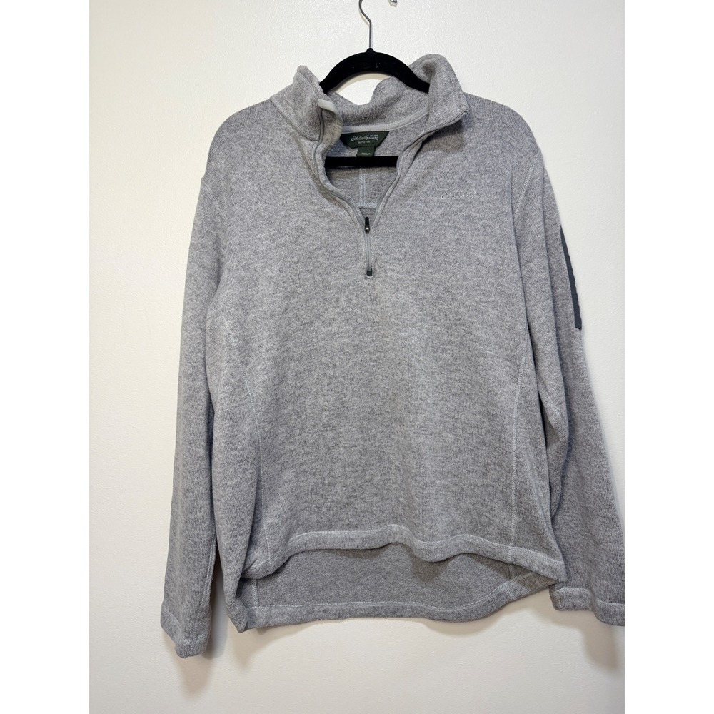 Eddie Bauer Pullover XL Quarter Zip Fleece Sweater Grey Sleeve Pocket Mens